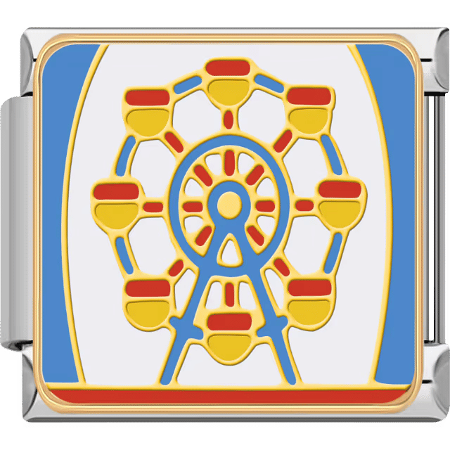 A red, yellow, and blue Ferris wheel illustrated inside a silver Italian charm link.